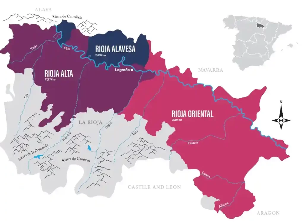 A map of La Rioja Denominacion de Origen wine region highlighting the subregions of Rioja Alta, Rioja Alavesa and Rioja Oriental (formerly Baja)