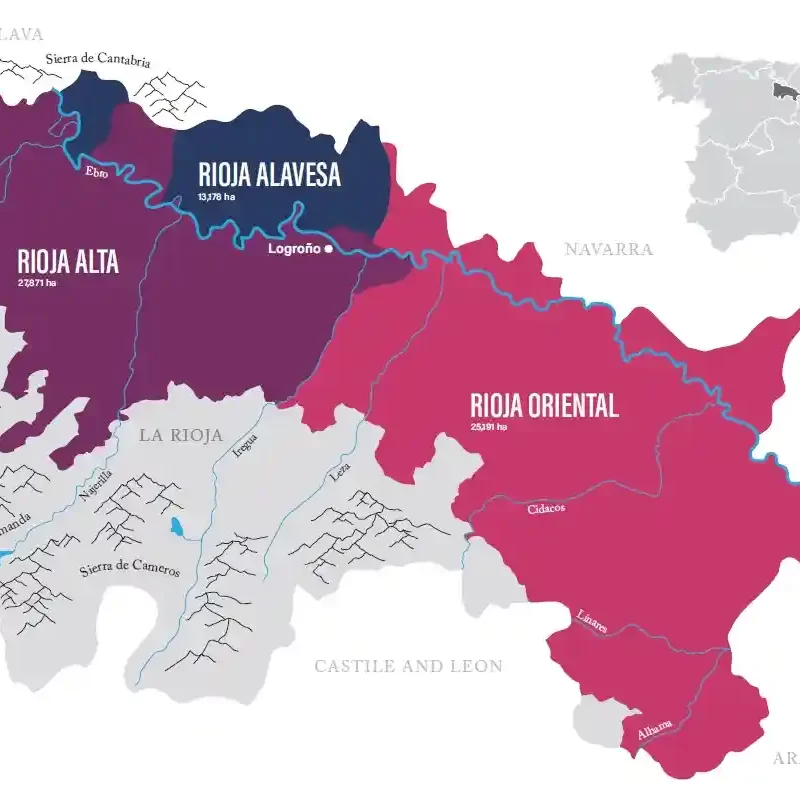 A map of La Rioja Denominacion de Origen wine region highlighting the subregions of Rioja Alta, Rioja Alavesa and Rioja Oriental (formerly Baja)