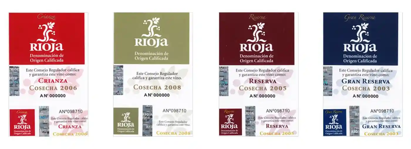 The labels applied to bottles of La Rioja wine depending on how long they've been aged in oak barrels