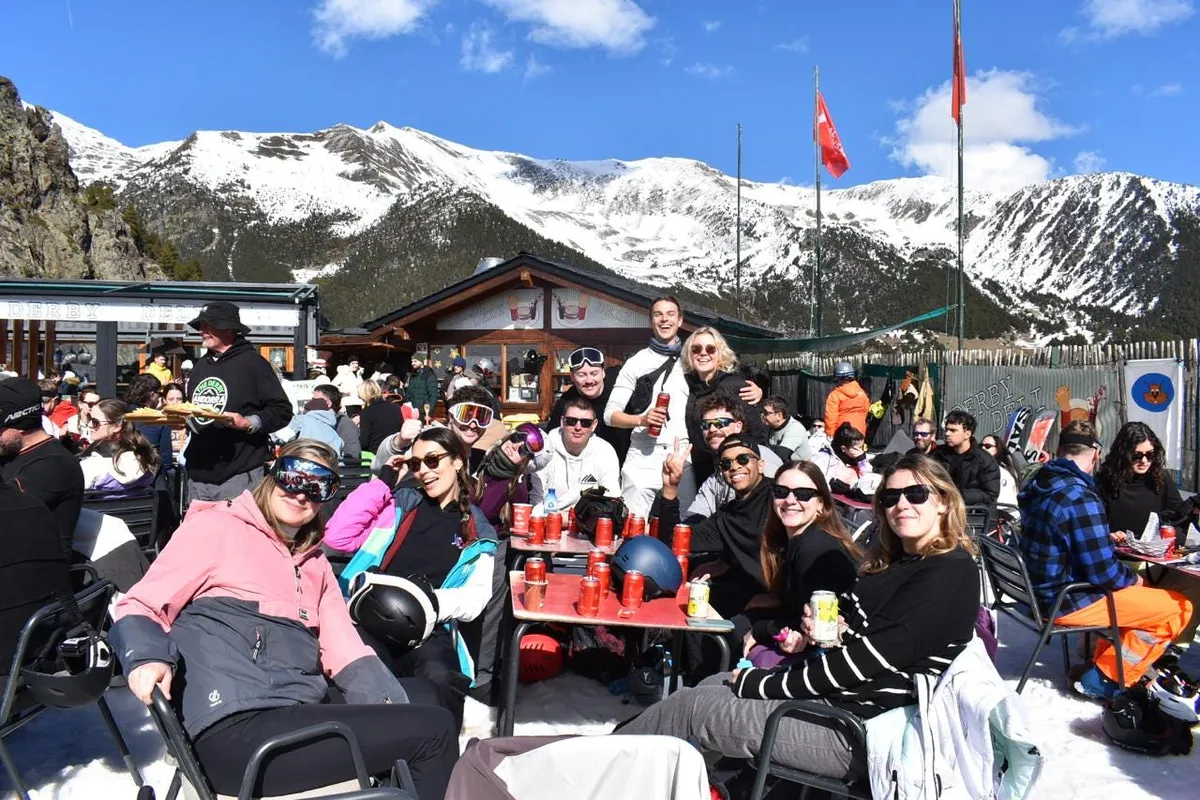 The crew on the sunny terrace, Andorra Ski Weekender